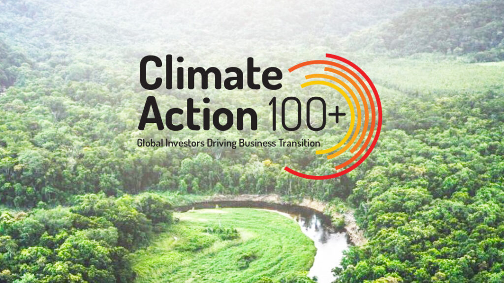 Illustration with a nature background behind the climate action 100 logo.